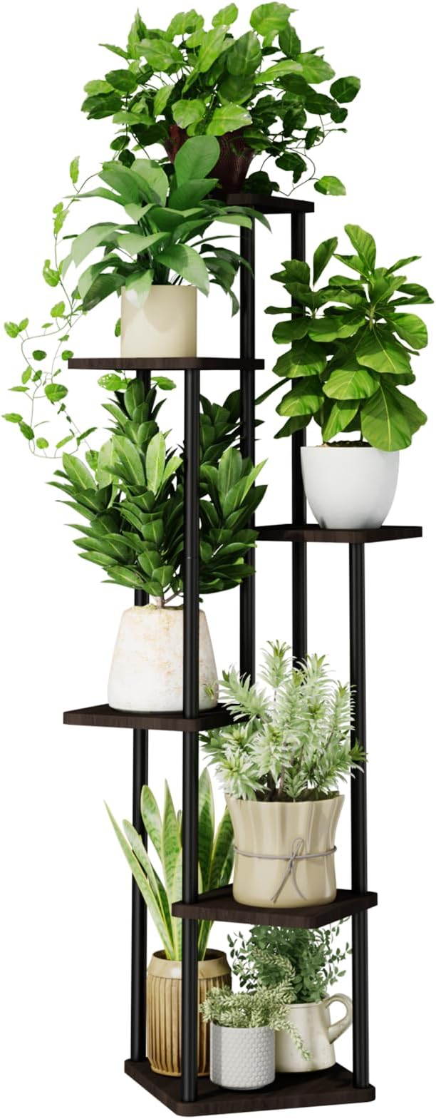 6 Tiered Plant Stand Indoor Corner Plant Shelf for Multiple Plants for Patio Garden Balcony Living Room Bedroom, Tall Metal Flower Pots Stand Relaxing for Women Gift Black Oak