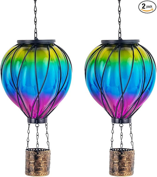 Pack of 2 Gradient Color Solar Hot Air Balloon Outdoor Lantern with Flickering Flame Hanging Outdoor Lantern Waterproof Decorative Solar Lanterns Light for Patio, Garden, Porch