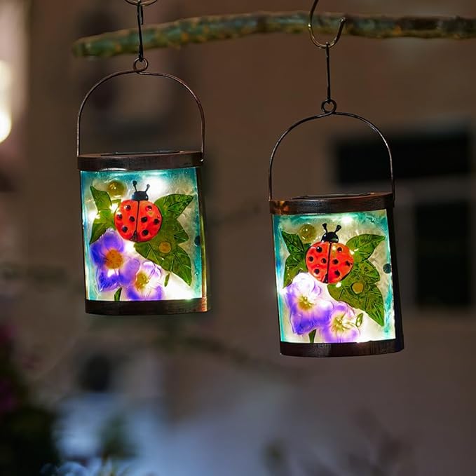 Starsoul 2 Pack Hanging Solar Lantern Outdoor Waterproof Glass Ladybug and Flowers Decorative Solar Lights for Outside Garden Yard Table Patio Decor