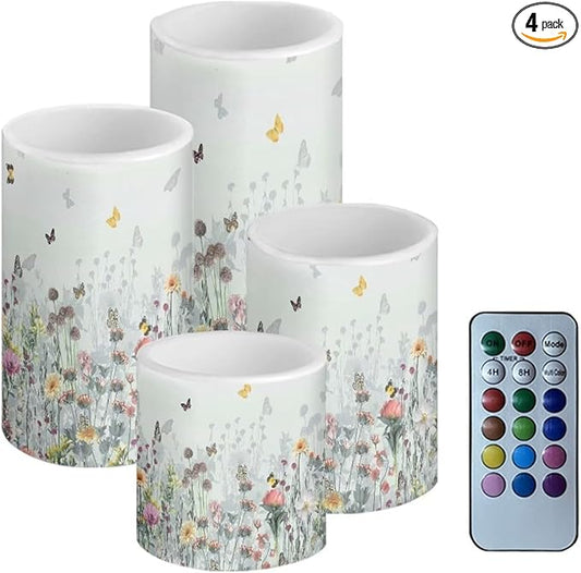 Flameless LED Candles Electric Candle Set with Remote Timer Color Changing Control Long Lasting for Table Centerpiece Home Indoor Wedding Decoration Set of 4, Flower Butterfly Grey
