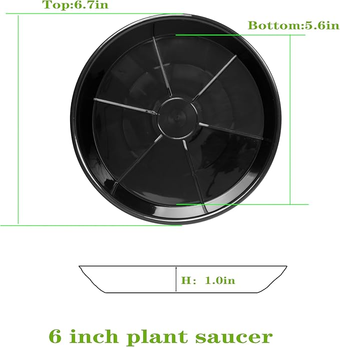 6 Pack Plant Saucer Drip Tray, 4 5 6 8 9 10 12 14 16 18 inch, Heavy Sturdy Plastic Planter Flower Pot Saucers for Indoor Outdoor Garden, Plant Water Drip Trays for pots Base (6", Black)