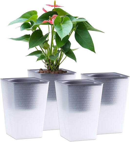 Self Watering Planter 4 Pieces 6 Inch, Plastic Flower Pots with Inner Pot Indoor Plants Brick Pattern Flowerpot for Indoor Plants, African Violets, Flowers, Herbs