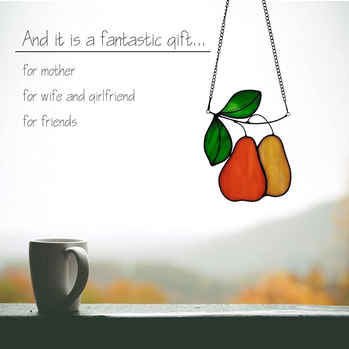 Stained Glass Window Hanging Orange pear Sun Catcher Home Decor Gifts for Christmas to Family and Friends