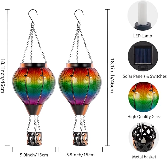 Starsoul 2PCS Hot Air Balloon Solar Lantern Colorful Solar Hot Air Balloon Lantern with Flame Light Waterproof Hanging Outdoor Lantern with Candle Holder for Patio Garden Yard Farmhouse Decor