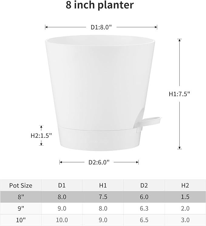 FaithLand 2-Pack 8 Inch Planter Pots for Indoor Outdoor Plants, Self Watering Flower Pots with Deep Reservoir, White …