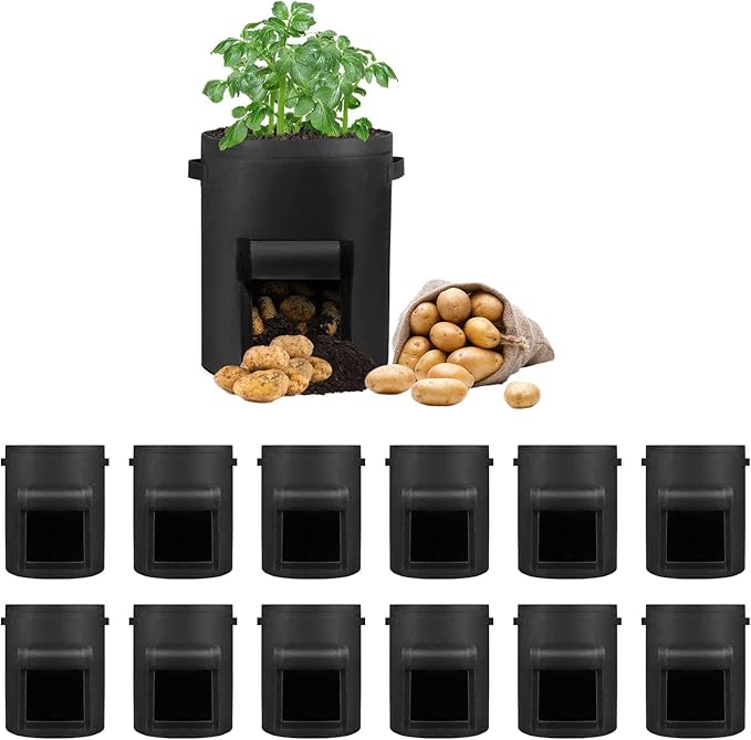 12 Pack 15 Gallon Potato Grow Bags, Heavy Duty Nonwoven Fabric Garden Planting Bag Plant Container with Flap and Handles, Aeration Fabric Pots for Growing Vegetable, Fruits and Flowers