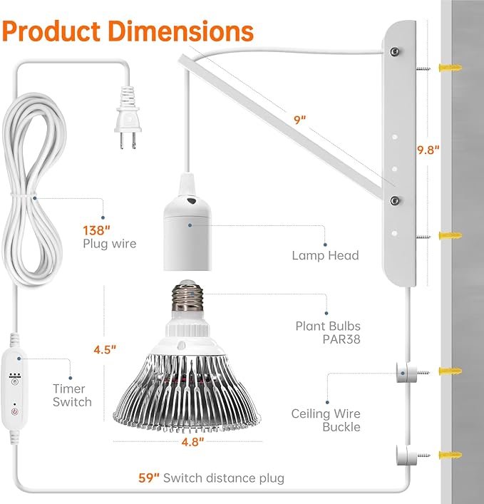 Hanging Grow Light with Wall Mounted Bracket, 25W, 3000K Led Plant Light Bulb, Full Spectrum Pendant Grow Light with Timer, 16.4 FT Power Cord, Decorative Grow Light for Indoor Plant