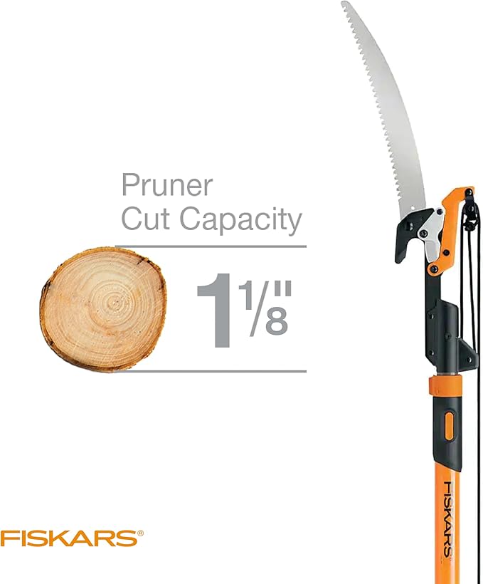 Fiskars 7ft-14ft Power-Lever Extendable Pole Saw and Tree Pruner, Lawn and Garden Tools, Black/Orange