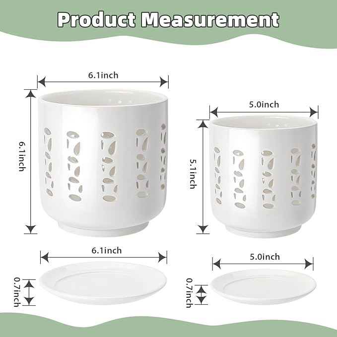 Ceramic Orchid Pots with Holes, 5 Inch+6 Inch Orchid Planter with Drainage Holes and Tray, Indoor Flower Pot for Repotting Orchids, Elegant White Glaze
