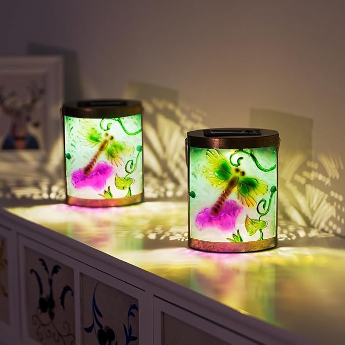 2 Pack Glass Dragonfly Solar Lanterns Outdoor Waterproof, Hanging LED Solar Lantern for Tabletop Garden Patio Decor