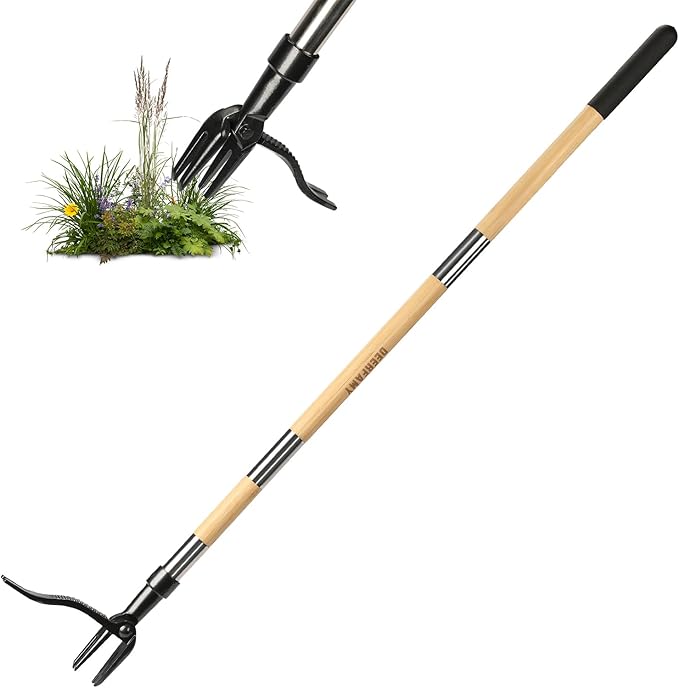 DEERFAMY Stand Up Weed Puller Tool with Long Handle, Manual Weeder with 3-Section Bamboo Construction & 4-Claw Steel Head Design, Gardening Hand Tool for Easy Weed Removal