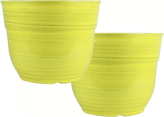 Garden Elements Indoor/Outdoor Glazed Brushed Happy Plastic Planter, Large, Bright Yellow, 15" (Pack of 2)