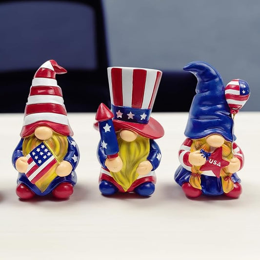 Spring & Summer-Themed Garden Statues – Adorable Outdoor Decor for Lawn, Patio & Porch (Patriotic Gnome Trio Figurines, 6" Set of Three Garden Statues and July 4th Decoration)