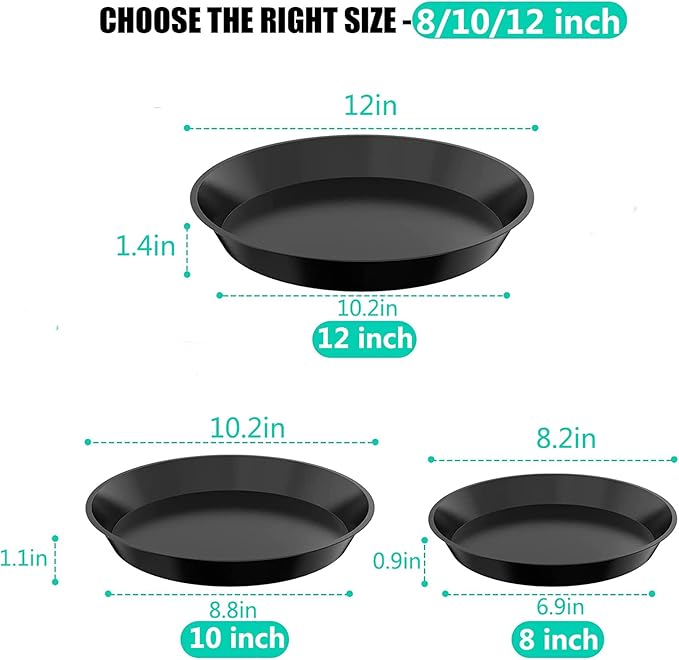 6 Pack Plant Saucer 8 10 12 Inch Plastic Plant Tray, Sturdy and Durable Flower Pot Container Accessories Plant Pot Saucers for Indoor and Outdoor (8 10 12 Inch, Black)