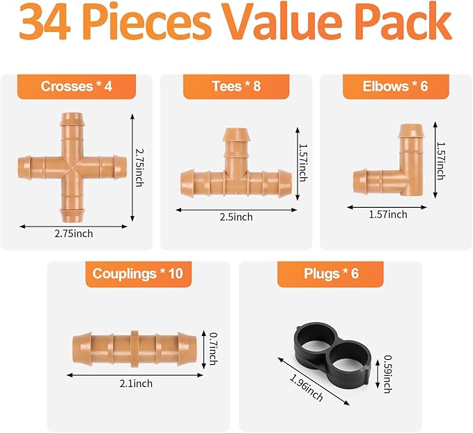 1/2 Inch Drip Irrigation Fittings, 34 Pieces Kit 1/2 Inch Tubing Connectors Includes Couplings Tees Elbows Crosses Plugs Drip Line Quick Connect Barbed Connectors for Drip Systems