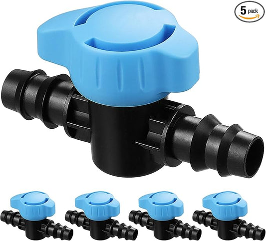5 Pack 1/2 Inch Drip Irrigation Valve: 1/2 in. in-Line Shut Off Valves for 1/2 Inch Drip Irrigation Tubing (.570-.620" ID) Barbed Cut Off Switch Valve for Garden Irrigation System