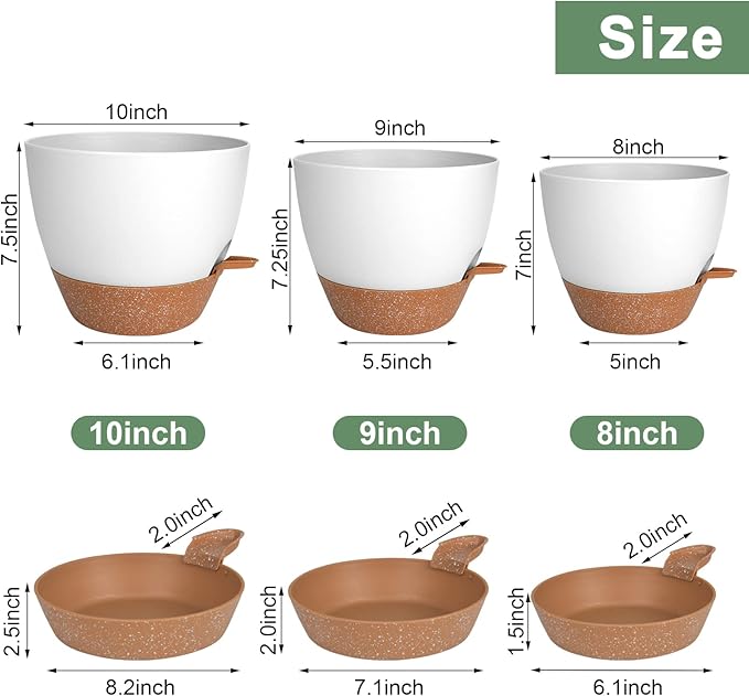 Planters for Indoor Plants, 10/9/8 Inch Self Watering Plant Pots with Drainage Hole, Plastic Planters Flower Pots for Indoor Outdoor Plants (White)