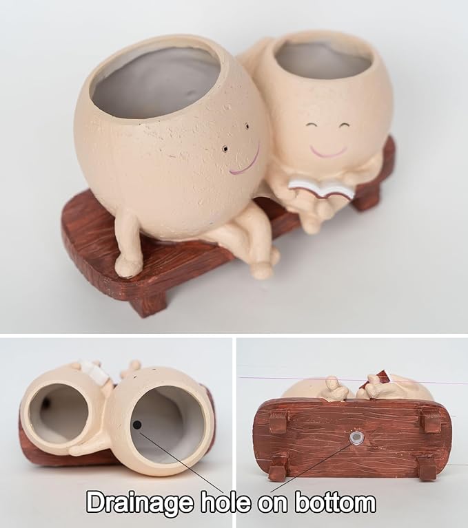 Cute Head Planter with Smiley Face, Double Pots in One, Novelty Plant Face Pot, for Indoor Outdoor Plants,Christmas, (Khaki)