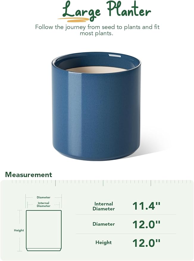 LE TAUCI 12 Inch Pots for Plants, Ceramic Large Plant Pot for Indoor Plants, Mid-Century Modern Flower Planter Pots with Drainage Hole and Removable Plug, Round Planter Pot, Reactive Glaze Blue