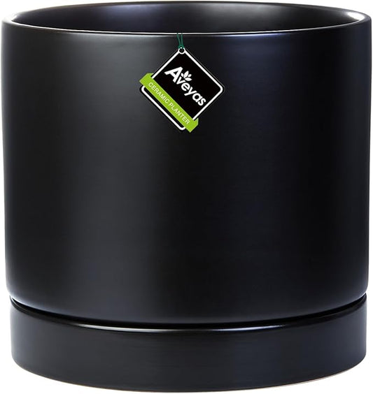 Aveyas 10 inch Ceramic Plant Pot with Drainage Hole and Saucer - Suitable for Indoor and Outdoor Use, Modern Planters for House Garden Flower Tree Snake Monstera Plants (10", Matte Black)