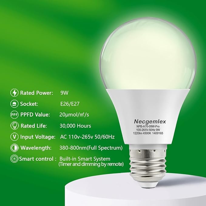 Smart LED Grow Light Bulbs with Remote Controller, Sun Mode, Built-in Daily Auto Timer, 4500K, A21/A70 E26/E27 9W Dimmable Full Spectrum Grow Bulbs for Indoor Plants, 2 Pack