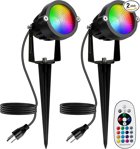 Halloween Christmas Spotlight Outdoor: 12W RGBW LED Spot Lights Outdoor with 16 Color Changing for Yard Garden Decor | 2 Pack of IP65 Waterproof 120V Plug in Landscape Lighting with Remote