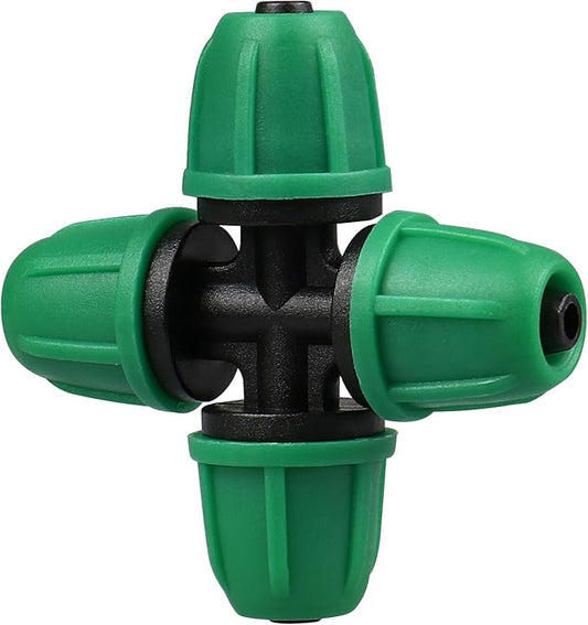 1/4 Inch Drip Irrigation Fittings, Lock Barbed 4 Way Couplings for ¼ in. Tubing, 25 Pieces Drip Irrigation Parts Locked Cross Connectors, Drip Line Nuts Connectors for 1/4" Drip Irrigation Hose