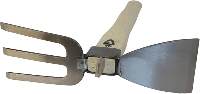 Carrot Design Stainless Japanese Style Garden Hoe and Cultivator Dual Headed Weeding Tool - 3 Prongs Combo Garden Tools with Wood Handle