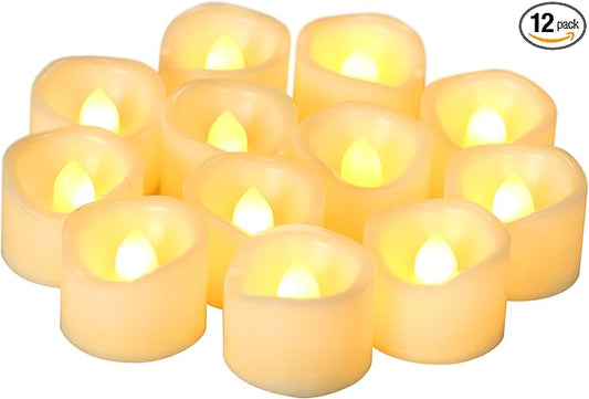 12 Pack Battery Operated Flameless LED Votive Tealight Candles Realistic Flickering Electric Tea Lights Set Bulk Halloween Pumpkin Jack O Lantern Party Wedding Decorations Centerpieces Batteries Incl.