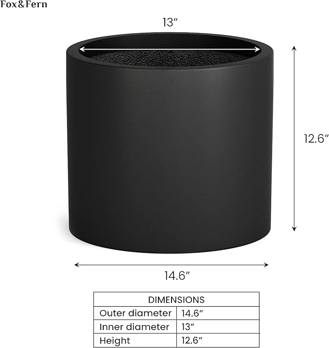 Fox & Fern 14.6 Inch Extra Large Planter — Premium Lightweight Fiberstone Matte Black Plant Pot with Drainage Plug; Big Planter for Indoor & Outdoor Use; Weather Resistant & UV Resistant