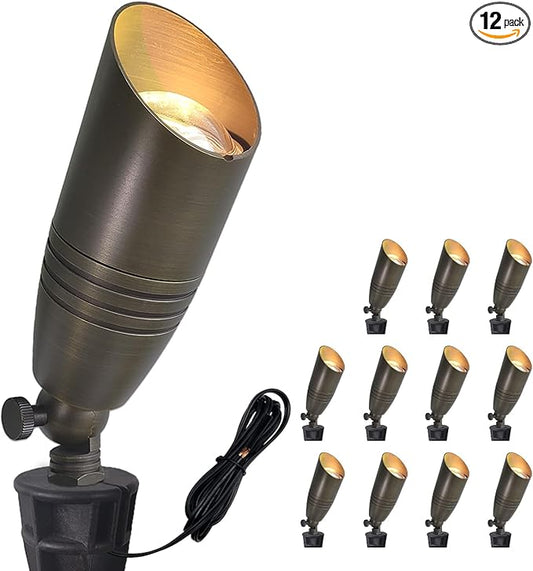 COLOER Die-cast Brass Landscape Spot Lights Outdoor, 12V AC/DC Low Voltage Landscape Lighting Fixture, IP65 Waterproof Directional Uplight Outdoor for Yard(102B,12-Pack Without Bulb)
