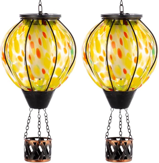 2PCS Hot Air Balloon Solar Lanterns with Flickering Flame,Yellow Glass Hanging Solar Lanterns Outdoor Waterproof Hot Air Balloon Light for Patio Tree Yard Garden Decor,Garden Gift for Women