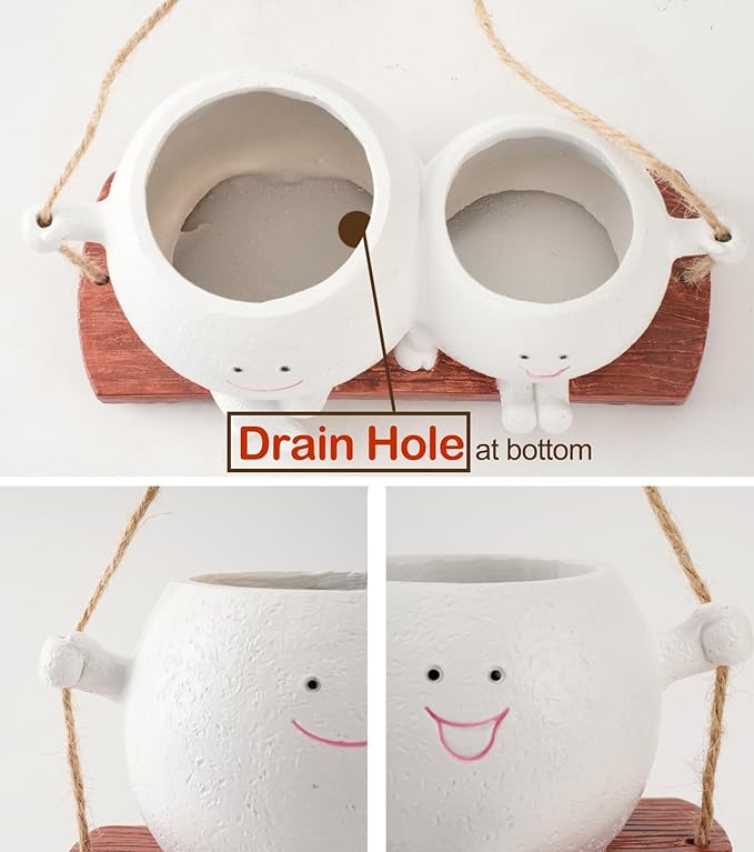 Cute Swing Planter Hanging,Smiley Face Couple Planter Pot,Hanging Plant Face Pot for Indoor Outdoor Plants, (White)