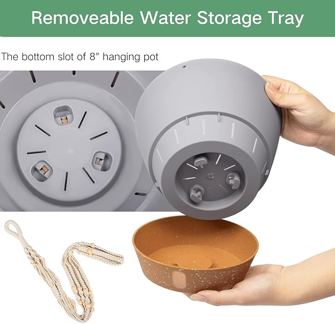 QCQHDU 2 Pack Hanging Planters for Indoor Plants, Outdoor Hanging Baskets, Self Watering Pots with Drainage Holes & Removable Tray (Light Grey, 8 inch, Macrame Hanger)