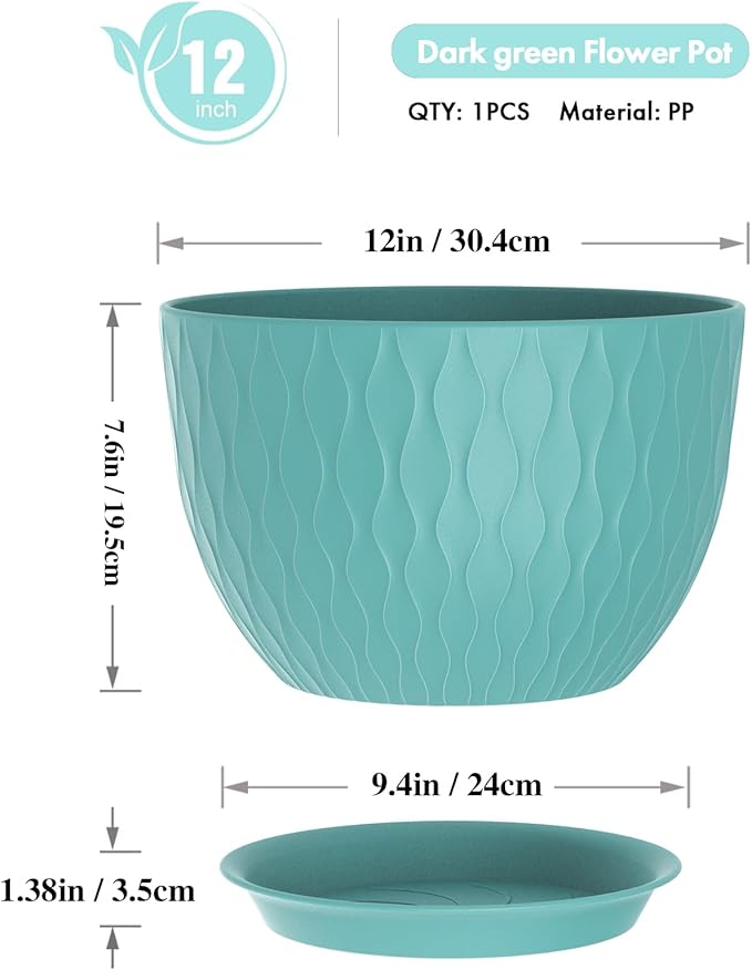 12 Inch Large Plant Pots for Indoor or Outdoor Plants, Wide Water Ripples Flower Pots with Drainage Holes & Saucer, Plastic Planters Set for Garden & Home Decor (Blue Green)