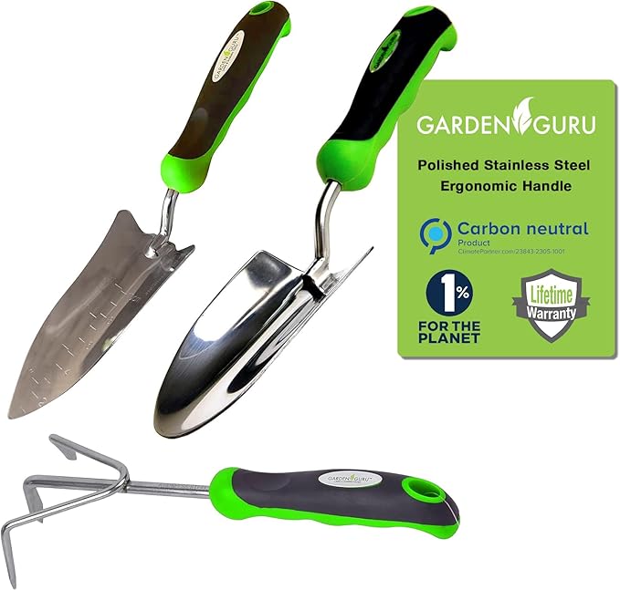 Garden Guru Garden Tool Set 3pc Hand Trowel Transplanter Cultivator – Heavy Duty Rust Resistant Stainless Steel - Ergonomic Comfort Grip Handle – Perfect Gardening Tool Kit Gifts for Women & Men