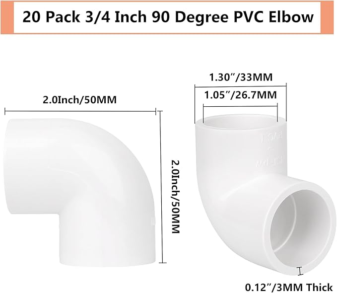20 Pack 3/4" 90 Degree Elbow Pipe Fittings 2 Way Right Angle PVC Pipe Fitting, Furniture Build Grade SCH40 (Socket x Socket) 3/4" PVC Fitting Connectors for DIY PVC Shelf Garden Support Structure