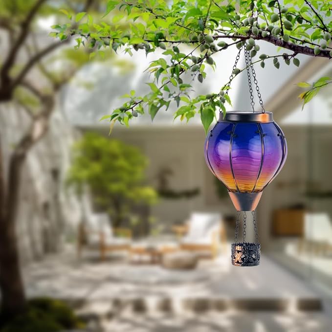 Starsoul 2 PC Starsoul 2 PC Glass Solar Hot Air Balloon Flickering Flame Hanging Garden Light Purple Waterproof Hot Air Balloon Solar Lantern with Large Basket