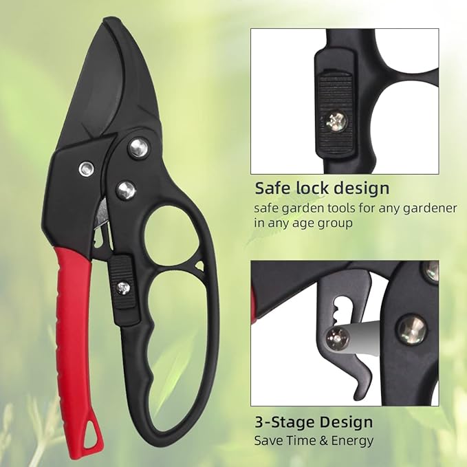 8" Professional Ratchet Pruning Shears,Anvil Groove Design, Reinforced Design Handle,Garden Tool,for Weak Hands and Gardening Gift for Any Occasion