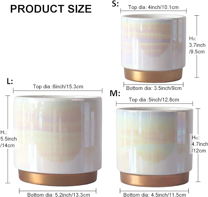 Gepege White Indoor Pots for Plants, Ceramic Planter with Drainage Hole, 6.0 inch+5.0 Inch+4.0 Inch. Succulent Orchid Flower Pot - Rainbow Pearl Glaze