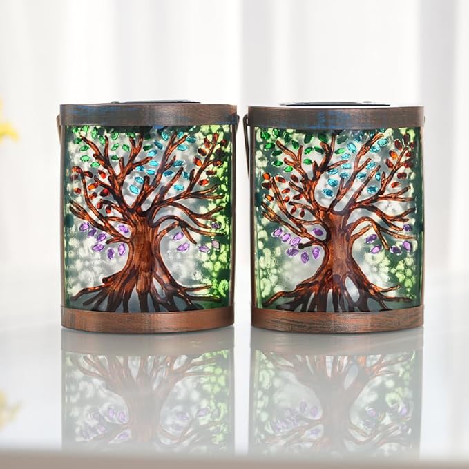 2 Pack Tree of Life Solar Lanterns Outdoor Waterproof, Hanging LED Solar Lantern for Tabletop Garden Yard Patio Decoration