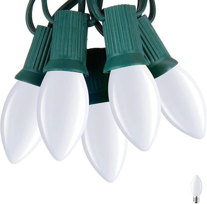 C7 Pure White LED Christmas Lights, 50Ft Vintage String Lights with 50+2 Plastic Bulbs, E12 Candelabra Base, Outdoor Retro Style Hanging Lights for X-mas Patio Fence Roofline Holiday