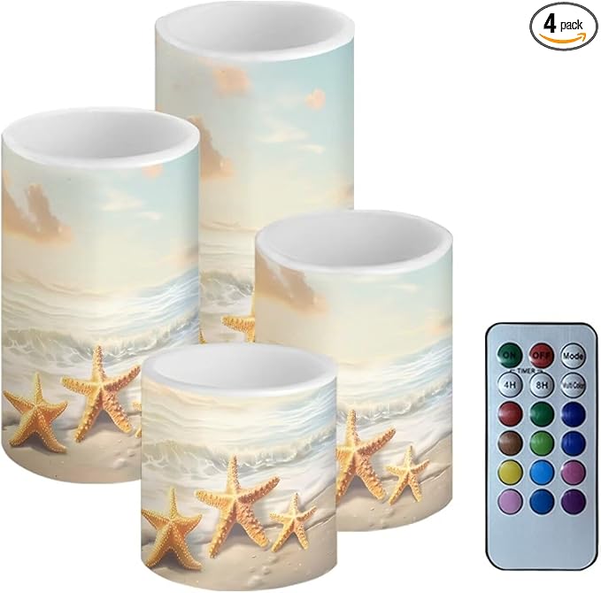 Flameless LED Candle Electric Pillar Candle with Remote Timer Color Changing Control Long Lasting Pack of 4 for Tabletop Coastal Home Indoor Decoration, Beach Gold Starfish
