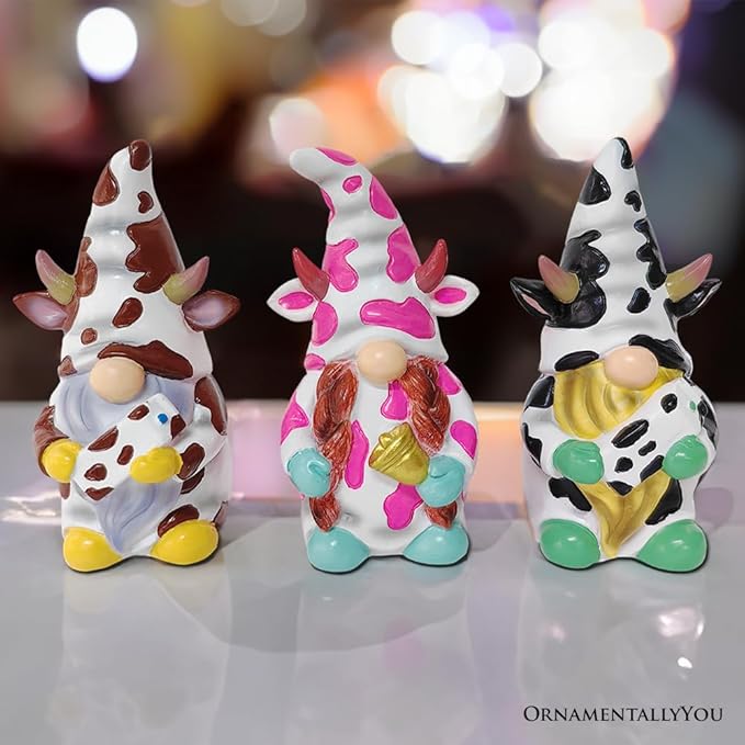 Spring & Summer-Themed Garden Statues – Adorable Outdoor Decor for Lawn, Patio & Porch (Cow Gnome Trio Mini Statue Set of Three, 5" Miniature Figurine and Unique Farm Resin Garden Statue)