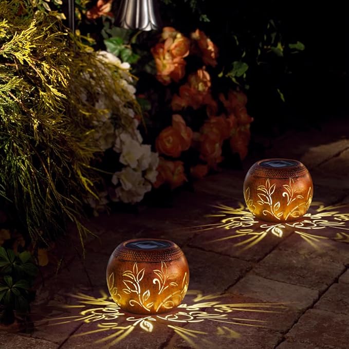 2 Pack Solar Lanterns Outdoor Waterproof, LED Hollow Out Flower Pattern Solar Lantern, Metal Decorative Solar Lanterns Outdoor for Desk Patio Garden Pathway Christmas Gifts