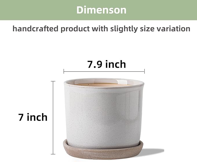 8 Inch Plant Pot: Ceramic Planter with Drainage Hole & Saucer for Indoor Outdoor Plants - Flowerpot with Bonded Tray for Home Office - Retro Style, Grey