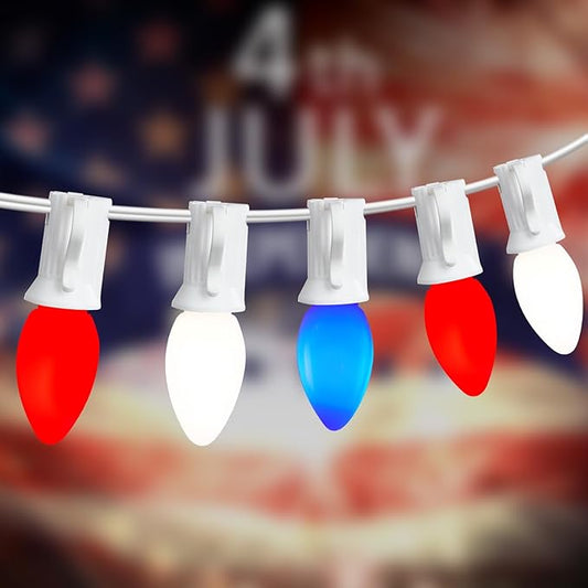 45.6 FT 4th of July Decorations Lights Outdoor, C7 LED Red White and Blue Lights String with 46 Bulbs(6 Spare), Patriotic Decor Light for Memorial Day Independence Day Patio Garden Backyard Bistro