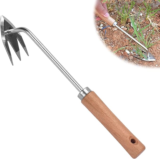 Amposei Stainless Steel Multifunctional Weeder, Hand Weeder Tool Stand Up Weed Puller Tool with Long Handle, V-Shaped Light Duty Hand Weeder for Lawn Garden Yard Farmland Weed Removal (Wood Handle)