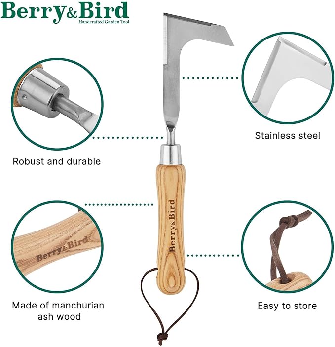 Berry&Bird Crack Weeder, Crevice Weeding Tool, 11.2" Stainless Steel Manual Weeder, L-Shaped Side-Walk Puller Spatula, Grass Cutter Knife, Weeding Sickle for Garden Lawn Yard Patio Terrace Paving Moss