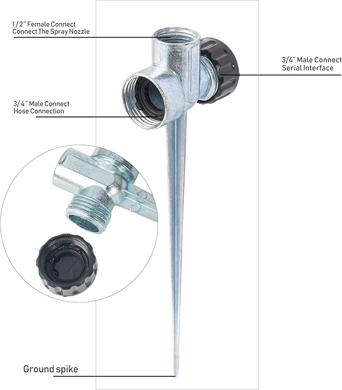 Hourleey 8 Pack 1/2 inch Zinc Alloy Lawn Sprinkler Spike Base, Water Flow Thru Sprinkler for Yard, Lawn, Garden and Grass Irrigation
